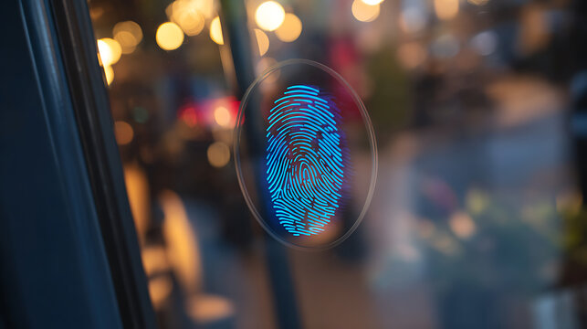 Blue fingerprint scan displayed on a glass surface with blurred background lights