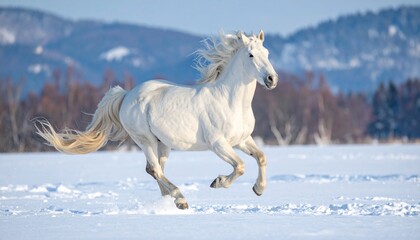 Majestic White Stallion Galloping Across Snowy Winter Landscape