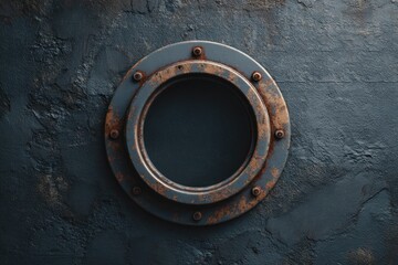 Rusty Porthole on Dark Wall: Industrial, Nautical, Vintage