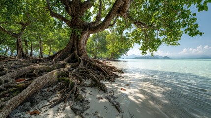 Majestic Coastal Tree, Tranquil Beach Scene