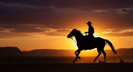 Naklejka premium Silhouette of cowboy riding horse at sunset