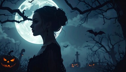 Woman in dark dress, night scene, Halloween