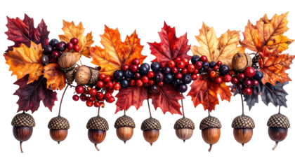 Autumnal garland of colorful leaves, berries, and acorns