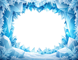 Ice cave frame with a large, dark center opening.  Crystalline, sharp-edged ice forms a border around a black space, suggesting a winter wonderland or frosty landscape