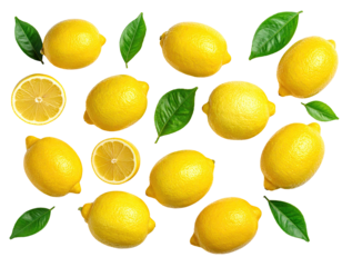 Fresh lemons and leaves, vibrant yellow