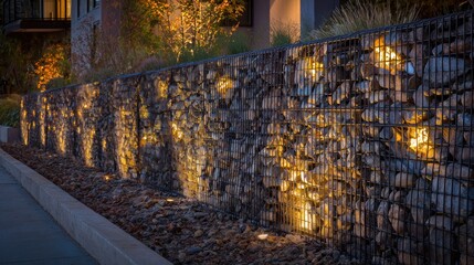Illuminated Gabion Wall at Night