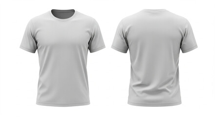 High-Resolution 3D Render of a Light Grey Men's Short-Sleeve T-Shirt: Front and Back Views, Perfect for Mockups and Apparel Designs.  This clean and realistic image showcases a classic crew neck t-...