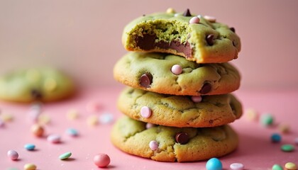 Stack of vegan matcha green tea cookies with chocolate chips. Playful colors, sweet treats, delicious dessert idea. Wholesome homemade cookies, perfect for sharing. Rich, vibrant, aromatic,
