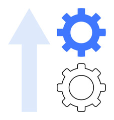 Upward arrow and two gears represent growth, teamwork, improvement, innovation, optimization, and strategy. Ideal for progress, automation, development planning technology workflow success