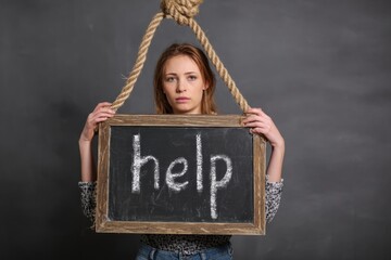 Young woman experiencing deep despair holding a help sign near a rope noose. Seeking mental health support and suicide prevention awareness.