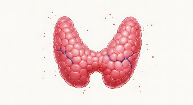Anatomical illustration of thyroid gland in pink color  