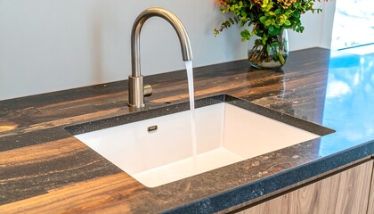 Modern kitchen sink with water flowing