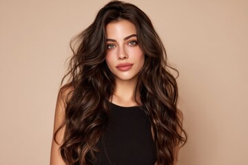 Naklejka premium Beautiful young woman with long wavy hair and natural makeup in a studio portrait.