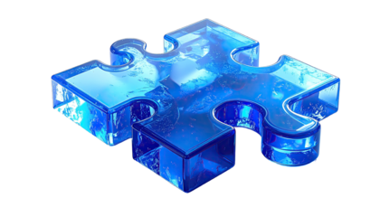 3D rendered, vibrant blue puzzle piece, liquid-like texture