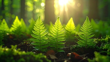 Sunlit green forest with ferns illuminated by sunshine, perfect for naturethemed designs, websites, and articles. Suitable for environmental graphics.