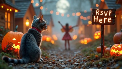 Halloween cat in festive village with fairy costumes and glowing pumpkins