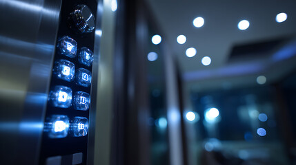 Close-up of illuminated elevator control panel with glowing buttons in a modern building interior