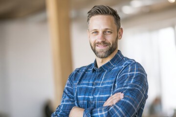 Obraz premium Confident male professional with beard and smiling expression wearing casual shirt.