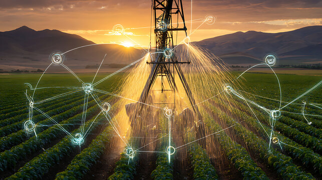Irrigation system in a field at sunset with digital network overlay