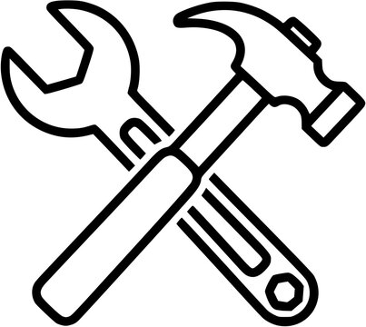 Wrench and hammer crossed outline vector icon for repair construction maintenance handyman service tools
