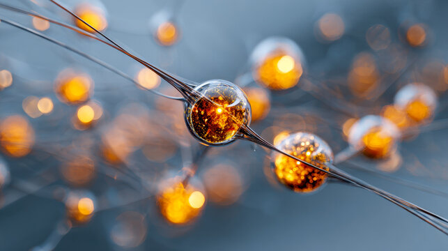 Close-up of glowing golden spheres interconnected by thin strands representing a futuristic network or abstract molecular structure in a soft blue environment - Powered by Adobe