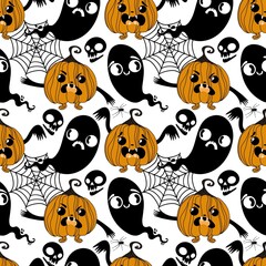 Fototapeta premium Autumn harvest vegetable seamless monster Halloween pumpkins pattern for wrapping paper and fabrics