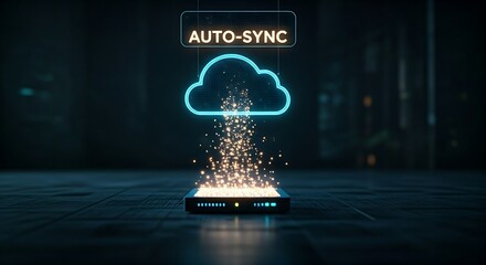 Automated cloud backup and sync concept. Data particles flow continuously from a server icon upwards to a holographic cloud with "AUTO-SYNC" text