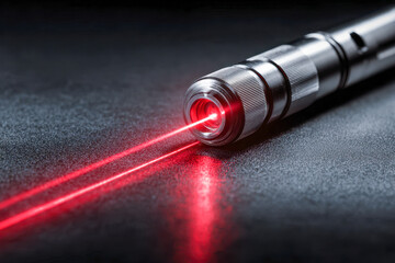 Precision laser pointer emitting bright dual red beams on dark textured surface showcasing advanced technology and sleek metallic design