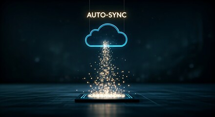 Automated cloud backup and sync concept. Data particles flow continuously from a server icon upwards to a holographic cloud with "AUTO-SYNC" text