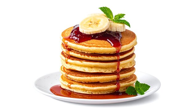 Stack of pancakes with fruit and syrup