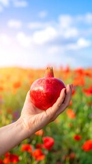 Hand holding pomegranate in poppy field