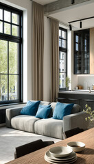 Modern living room with large windows and cozy sofa accents