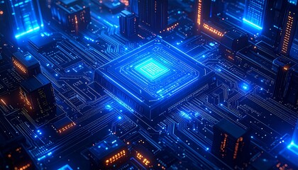 Futuristic CPU in a complex circuit board