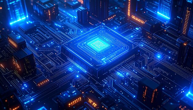 Futuristic CPU in a complex circuit board - Powered by Adobe