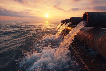 Sunset over Ocean Pollution: Pipes Discharging Wastewater into the Sea
