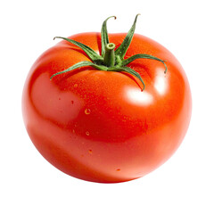 Single, ripe tomato, glossy red skin, green stem