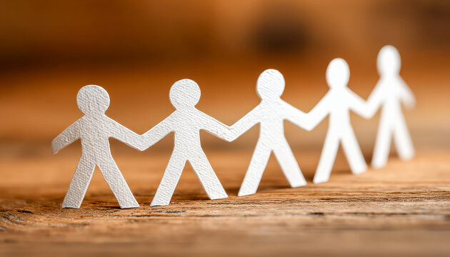 Paper cutout figures holding hands, symbolizing unity and teamwork on a wooden surface