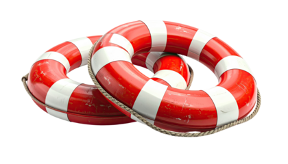 Two linked life preservers, red and white striped, appear sturdy and ready for use.  A light-tan/gray rope secures them