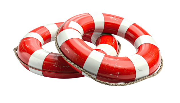 Two linked life preservers, red and white striped, appear sturdy and ready for use.  A light-tan/gray rope secures them
