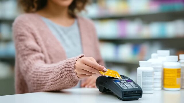 Customer making a credit card payment in a brightly lit pharmacy, focus on hands and terminal drugstore payment process, retail transaction, healthcare retail, pharmacy checkout