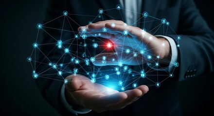 Neural network monitoring concept. A hand over a web of holographic nodes, where one node flashes red, indicating an AI-detected anomaly.