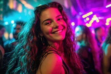 Smiling Woman at a Vibrant Nightclub Party