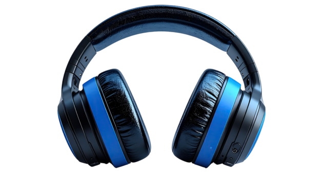 Over-ear headphones, black with blue accents.  Soft earcups, adjustable headband.  Studio quality sound.  Gaming or general use