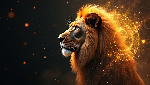 Majestic lion profile illustration, featuring cosmic glow, embers against dark, star-filled background. Regal beast power, mystery, with golden astrological symbols swirling around mane. Ideal for