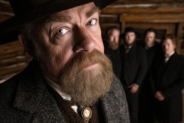 Solemn Mormon presence: vintage costume, silent vow, rustic view, steady grip, celestial hope, settlement life, aged texture, plain background, inspired soul, territorial stride