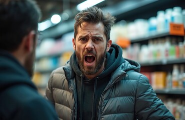 Fototapeta premium Angry male customer yelling at cashier in retail store. Man shows frustration at counter. Consumerism, purchase, price dispute, upset emotion. Customer service conflict. Shopping, finance.