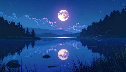 Nighttime lake landscape with full moon reflection