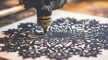 CNC machine cutting intricate floral pattern into wood