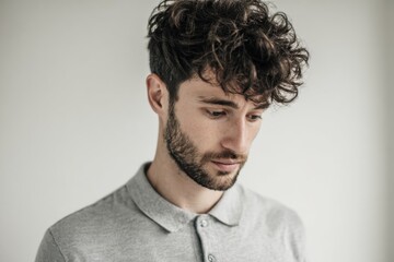 Obraz premium Young man with curly hair and beard wearing a light gray shirt looking down.