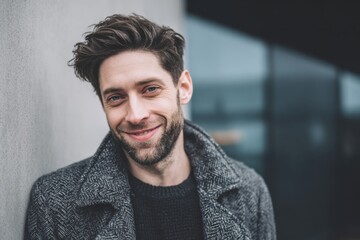 Fototapeta premium Smiling young man with beard leaning against wall outside modern glass building.